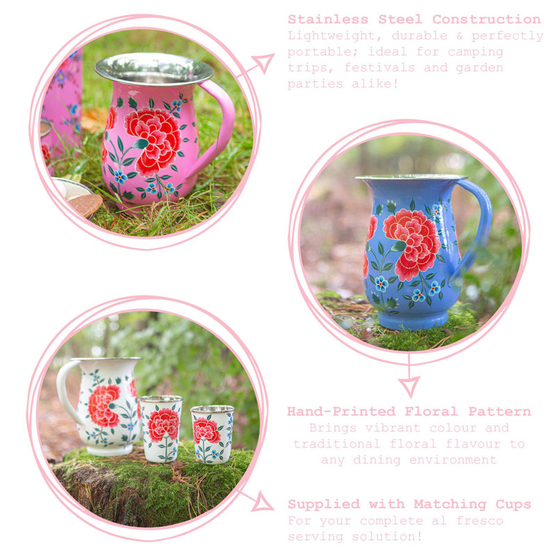 East Urban Home Hand-Painted Picnic Water Jug with 400ml Multicolour Cups - 1.7L - Raspberry Peony, Black