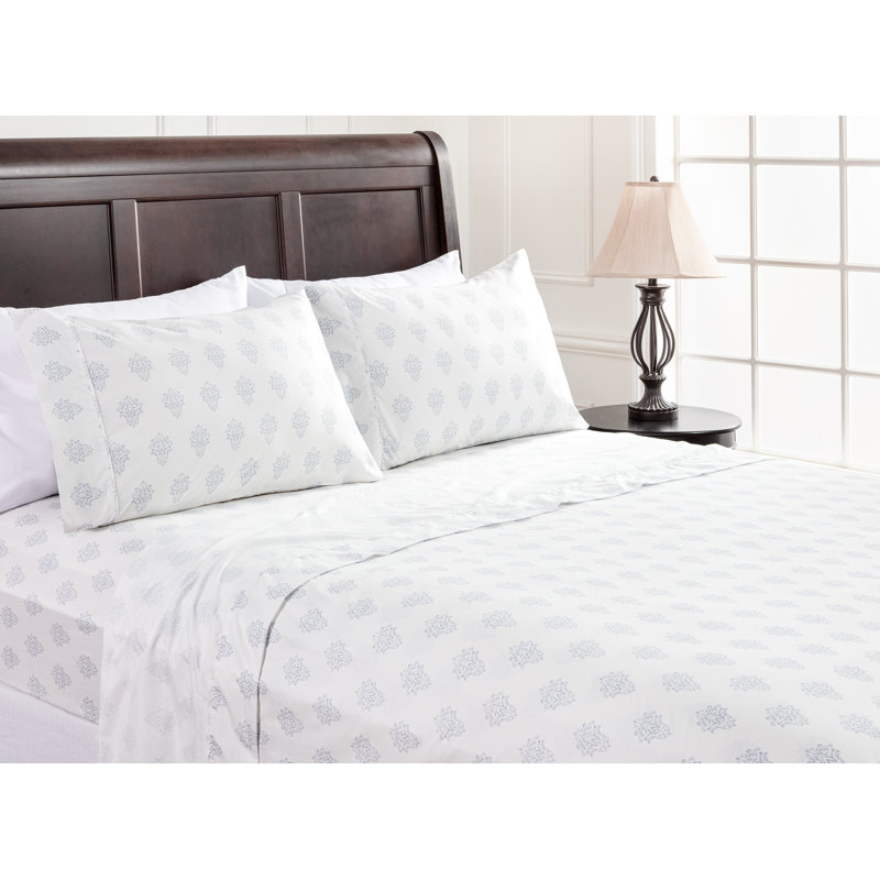 Ultra Soft Floral Microfiber Percale Sheet Set, Queen Sheet Set + Fitted Sheet + 2 Pillowcases, White