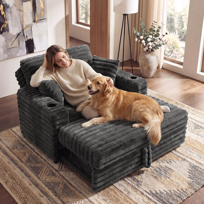 Hoelscher Pull Out Sleeper Sofa With Upholstered Chaise Gray, Gray Faux Fur