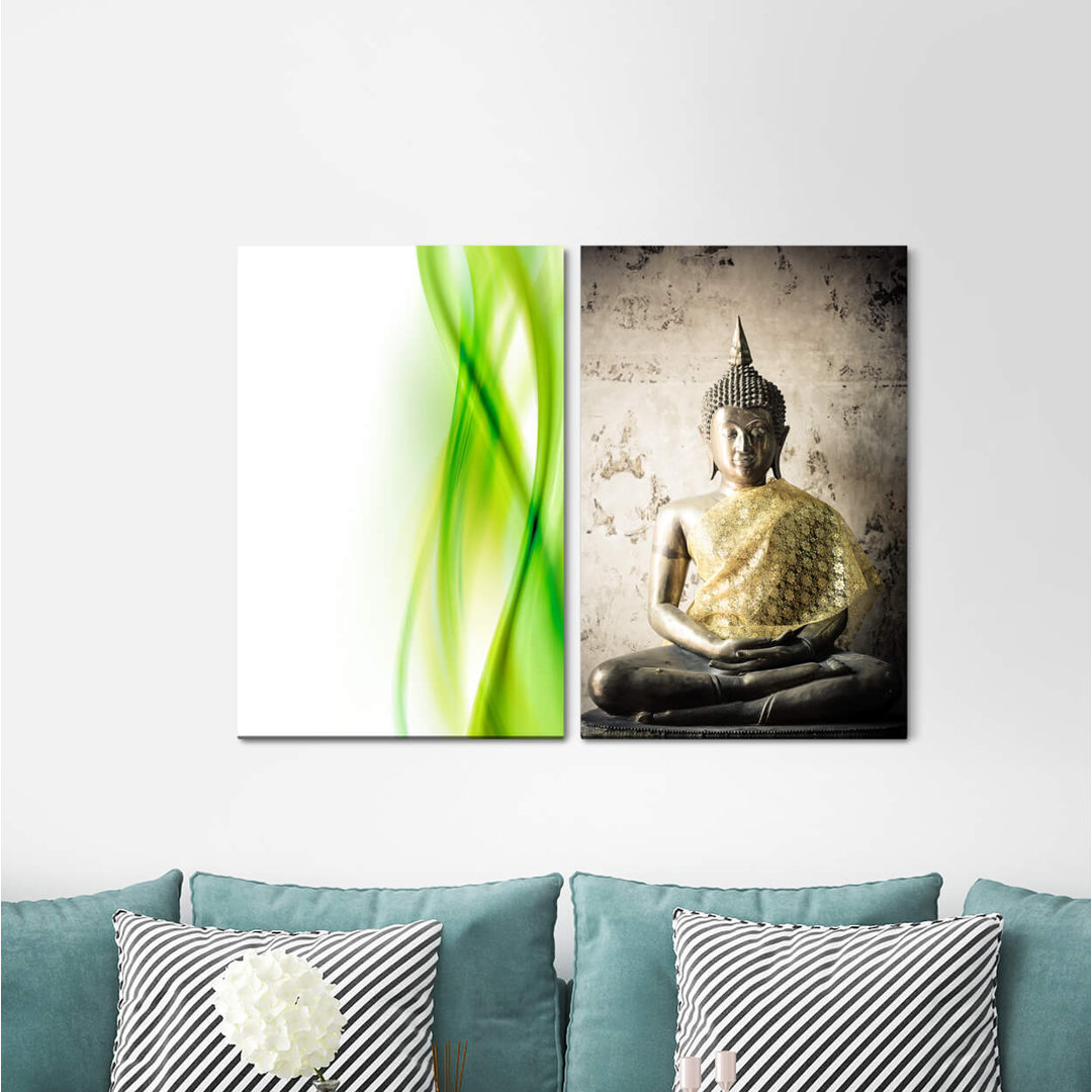 2-tlg. Leinwandbilder-Set - Fotografie „Meditate Spirit Soul Buddha Buddhism Harmony Green”