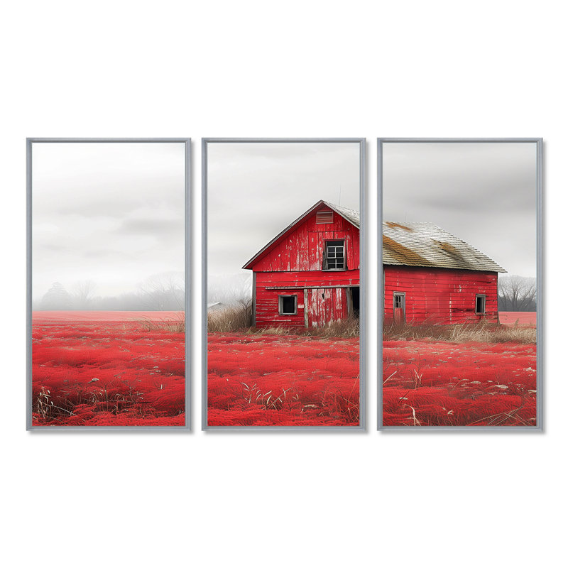 Ensemble de salon mural rouge et gris Autumn I, H 28 po x l 36 po, Encadrement argenté