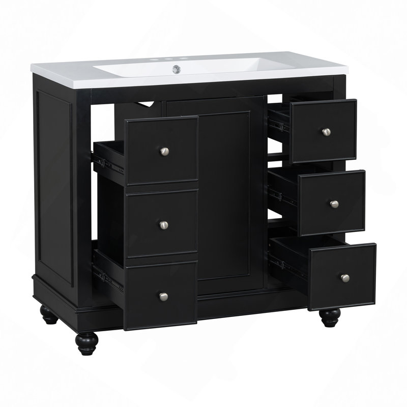 Meuble-lavabo contemporain noir - 36 po x 18 po x 34 po, 4 tiroirs et 1 porte d'armoire, rangement polyvalent, lavabo intégré en résine, tablettes réglables, structure en bois massif avec panneau de fibres à densité moyenne