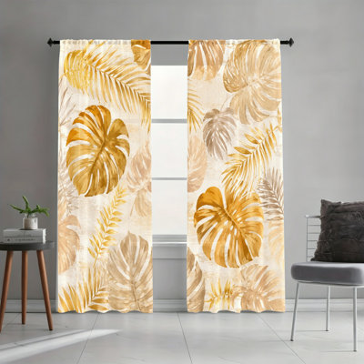 2PCS Rod Pocket Light Filtering Curtains, Vintage Beige Palm Tropical Leaf Printed Drapes, Aesthetic Botanical Decor, All Season Window Treatments for Living Room Bedroom Study Home Decoration