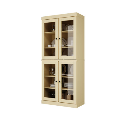 Garde-manger 32 po Kaniesha en bois massif avec portes en verre transparent et tablettes réglables
