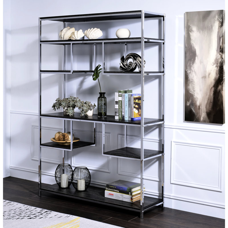 Bibliothèque chaleureuse rustique en chêne gris rustique avec tablettes en métal