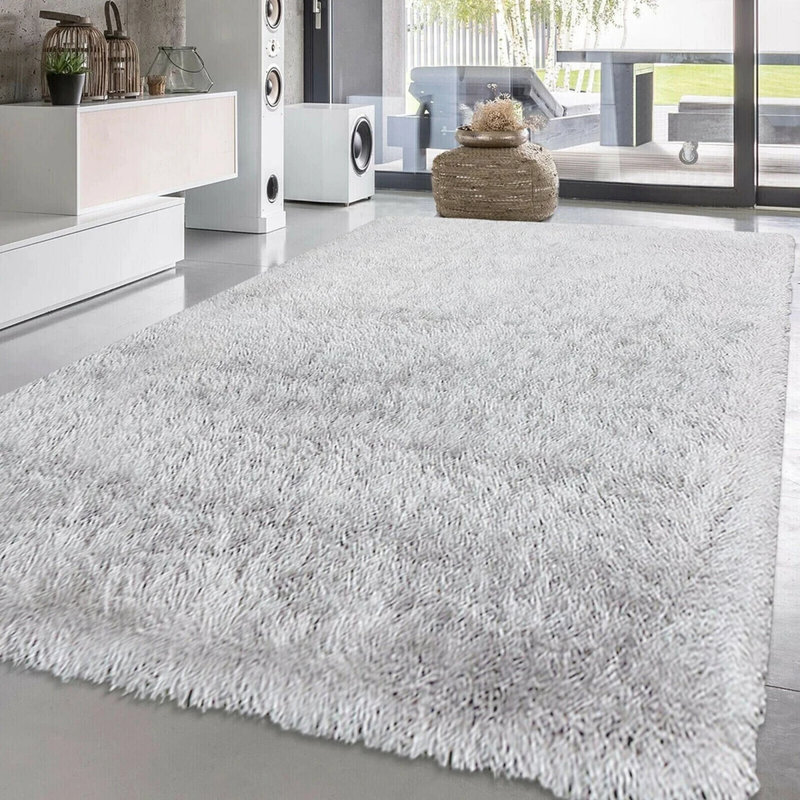 Natty White Shaggy Glitter Area Rugs & Mat – Luxury Soft Sparkle Shag Pile Carpet with Non-Slip Backing for Living Room, Bedroom, Hallway & Kitchen