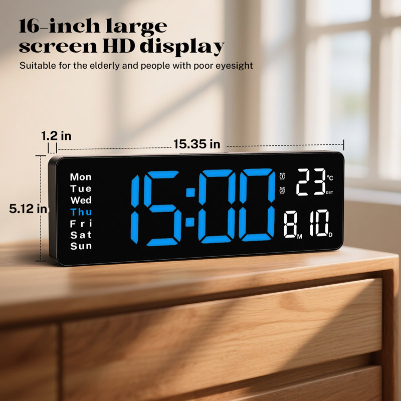 Grande horloge murale 16 pouces avec luminosité tamisée, Bleu