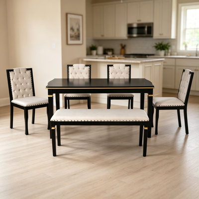 6-Piece Kitchen Dining Table Set, 60" Rectangular Table and 4 High-Back Tufted Chairs & 1 Bench for Dining Room and Kitchen