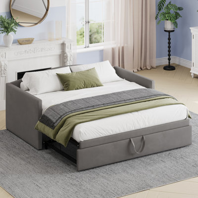 Twin Size Daybed With Pop Up Trundle, Velvet Upholstered Sofa Bed, Space-Saving Twin To King Design,  For Guest Rooms