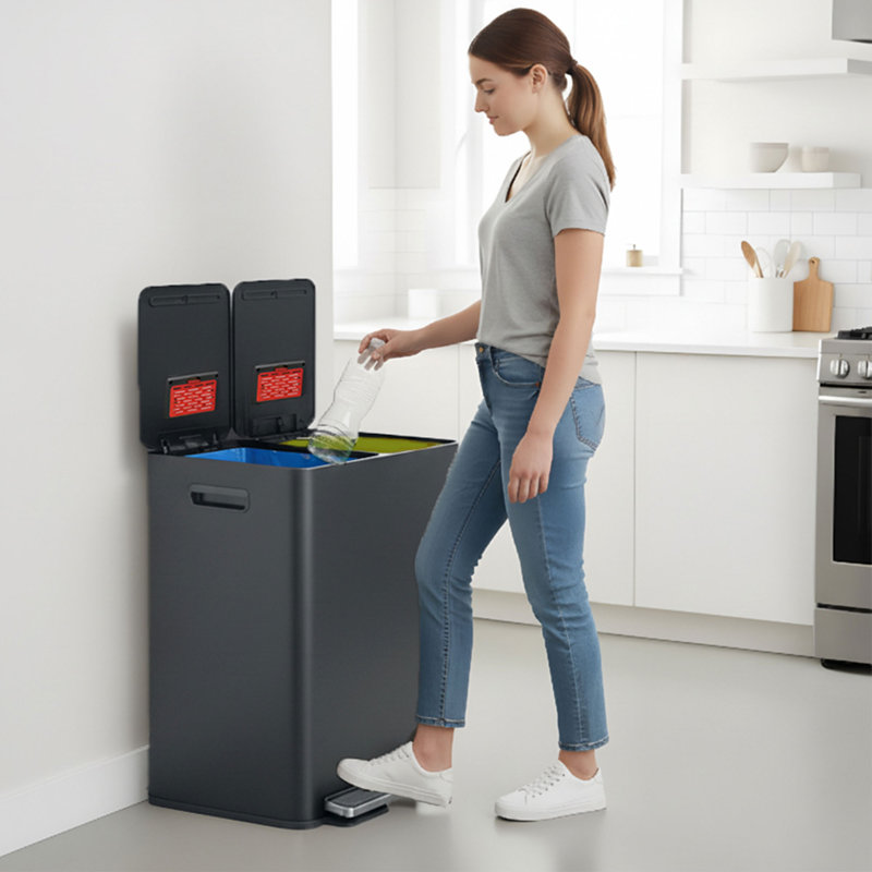 Poubelle à pédale combinée à double compartiment en acier inoxydable 16 gallons Itouchless Softstep, Gris mat