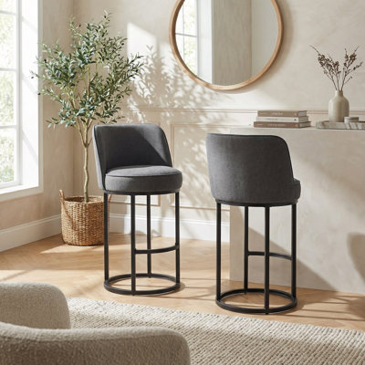 Set of 2 Modern Barrel Counter Stools with Backrest, Linen Upholstered Kitchen Island Bar Stools, Comfortable Accent Seating for Counter Height Tables and Breakfast Bars
