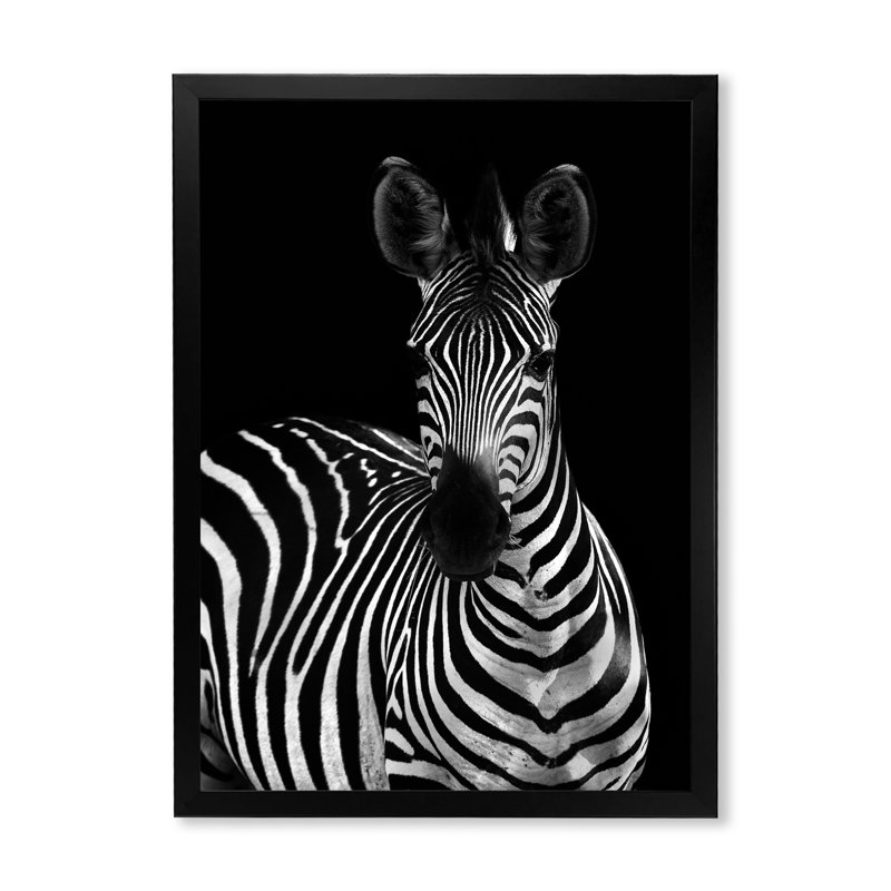 Zèbre en noir et blanc II - reproduction d'art sur toile, Cadre photo noir, H 20 po x l 12 po x P 1 po