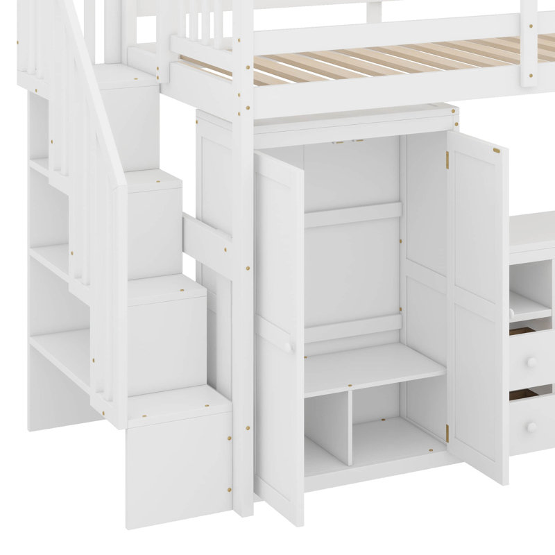 Loft Bed Featuring Integrated Staircase, Bookshelf, Drawers, Workspace Desk, And Wardrobe – All-In-One Solution, White, Full