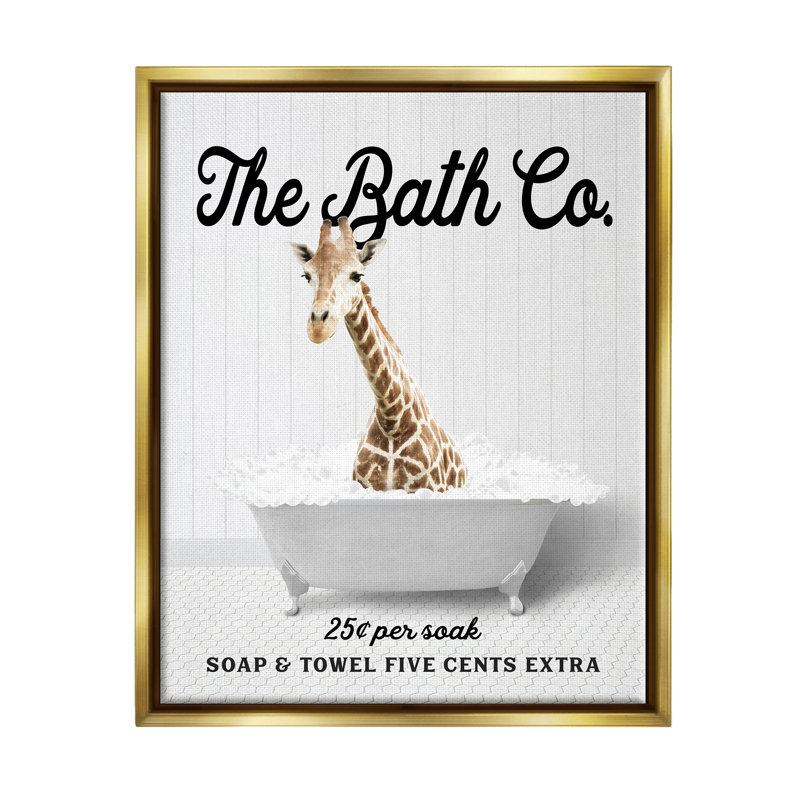«Red Barrel Studio®», baignoire à bulles, girafe encadrée, art mural par lettrage et doublure, Cadre flottant métallique doré