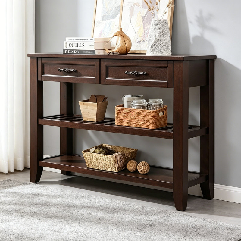 Jahnyah 42.01'' Console Table with 2 Storage Drawers and 2 Tiers Shelves for Living Room,Hallway table, Espresso