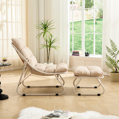 Fauteuil inclinable de patio avec assise en toile et coussin moelleux, idéal pour une salle de lecture, structure beige robuste, coussin doux, couleurs variées, capacité de charge : 136 kg