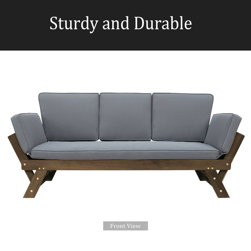 Outdoor Adjustable Patio Wooden Daybed Sofa Chaise Lounge With Cushions For Small Places, Brown, Gray