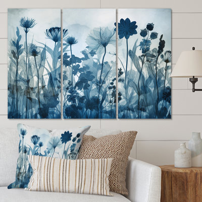 " Wildflowers in Meadow Blue Vintage Botanical I " 3 Piece Art Mixed Media Print