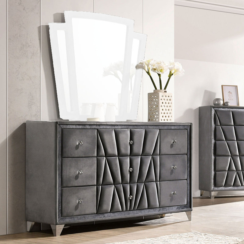 Commode 9 tiroirs Geziena, gris