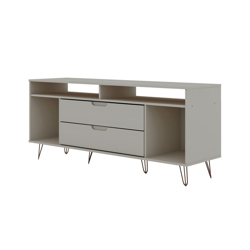 Rockefeller 63" Mid-Century Modern TV Stand with 4 Shelves and 2 Drawers for TVs up to 60" in Off White, Off White