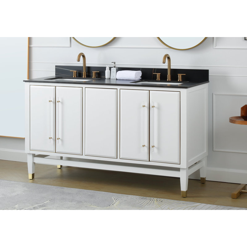 Meuble-lavabo moderne autoportant Tennant Brand 60 pouces, blanc Bertone, double lavabo, comptoir en pierre frittée noire, entièrement assemblé