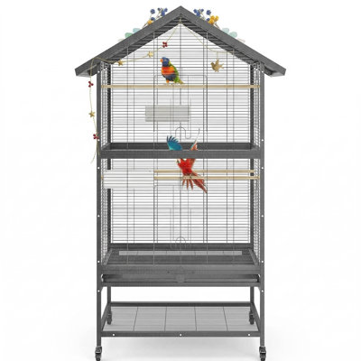 167cm Large Double Flight Bird Cage - Metal Rolling Parrot Cage with Wheels, 4 Wood Perches, 4 Feed Bowls & Storage Shelves, Extra Wide Indoor/Outdoor Cage for Parakeet, Conure, Cockatoo.
