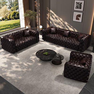 3-Piece Modern Faux Leather Upholstered Modular Living Room Sofa Set,Tufted Design