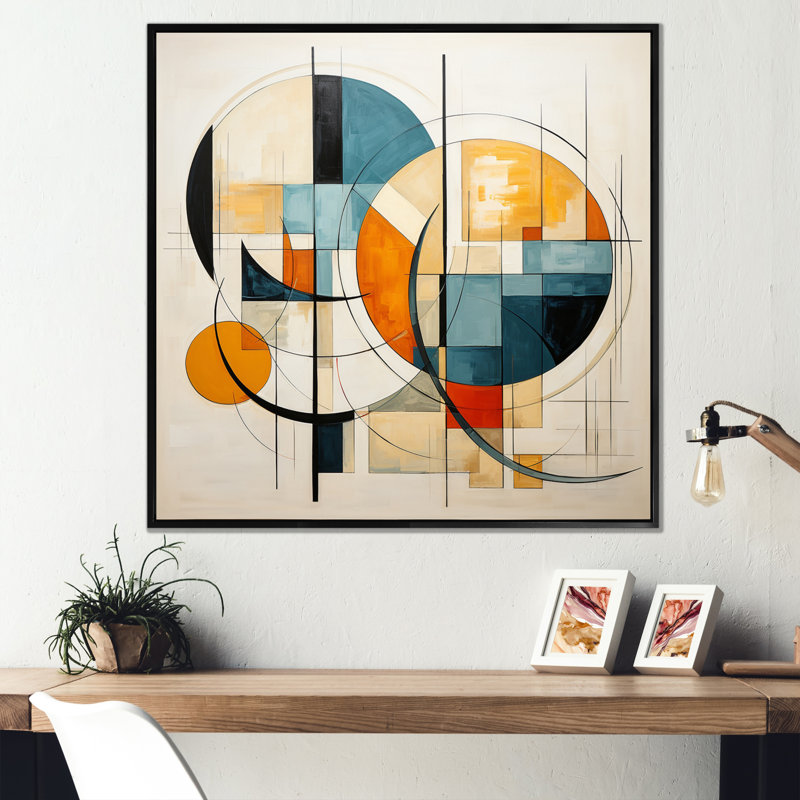 Orange Blue Mid Century Harmony In Geometry II - Mid-Century Wall Art Prints, H 24 po x l 24 po x P 1 po, Cadre flottant noir