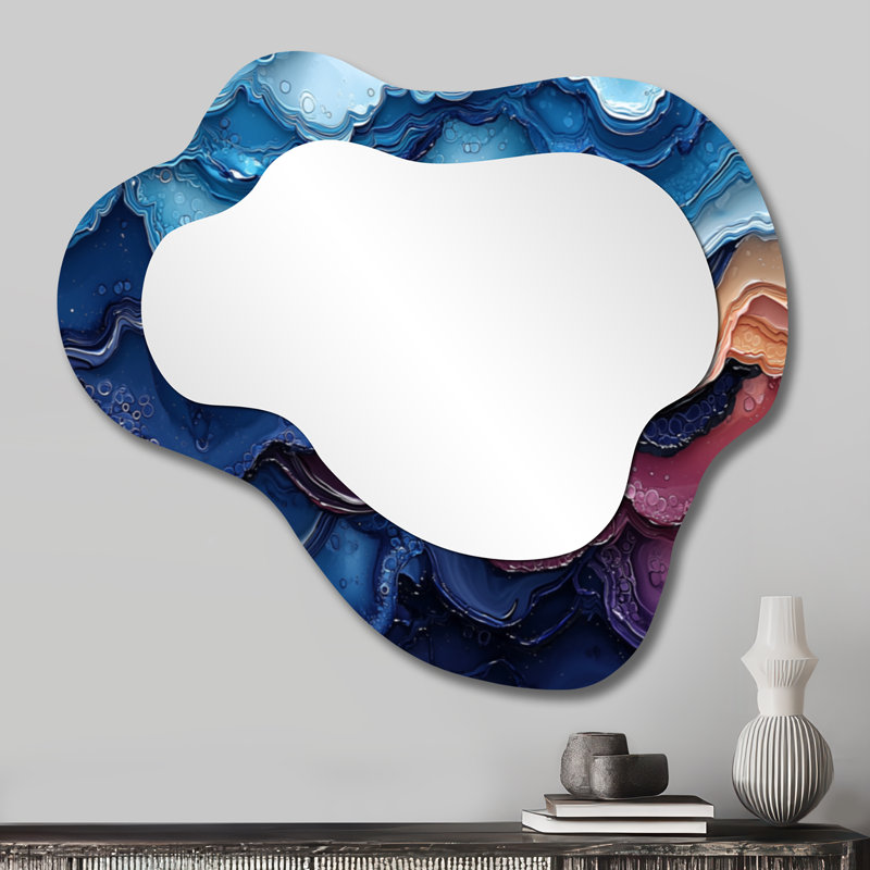 Chromat Dance Blue Biomorphism I - Minimalisme, miroir décoratif asymétrique, miroir mural moderne irrégulier, imprimé sur métal