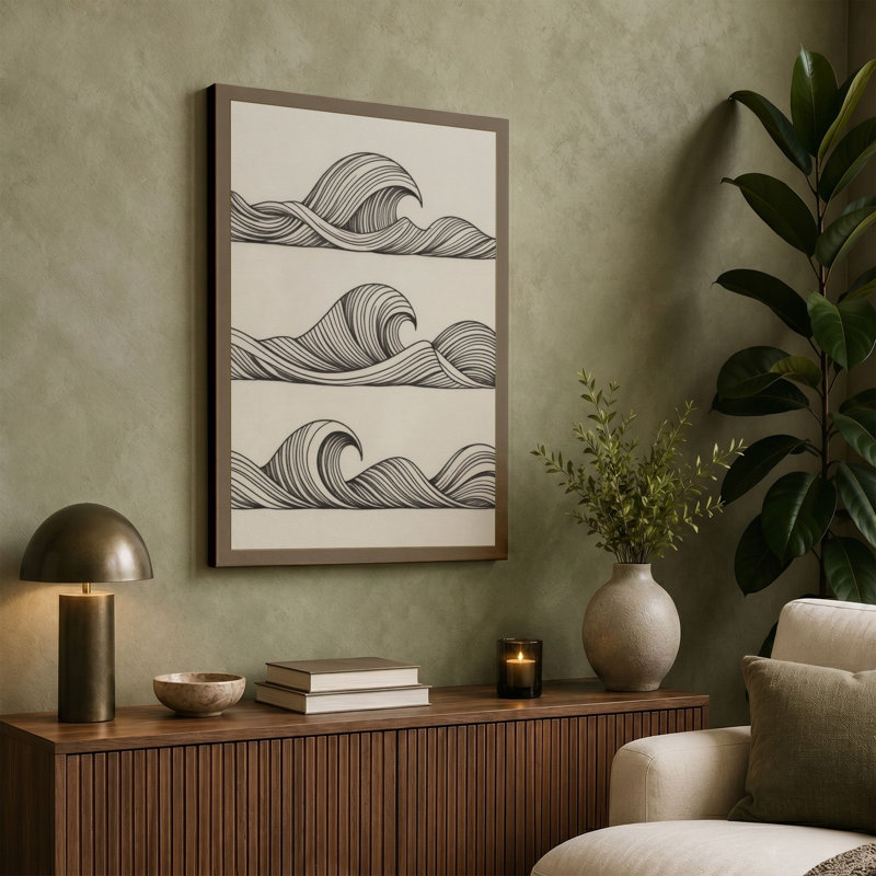 Flowing Waves Japandi 1 Piece Wrapped Canvas Wall Art, 18x12 - 45.7 x 30.5 cm, Sage Border