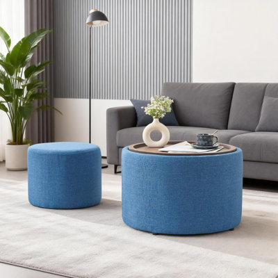 Luxurious Velvet Nesting Ottomans Of 2, 4-in-1 Function, Round Storage Foot Stool With Wood Tray, No Assembly Needed