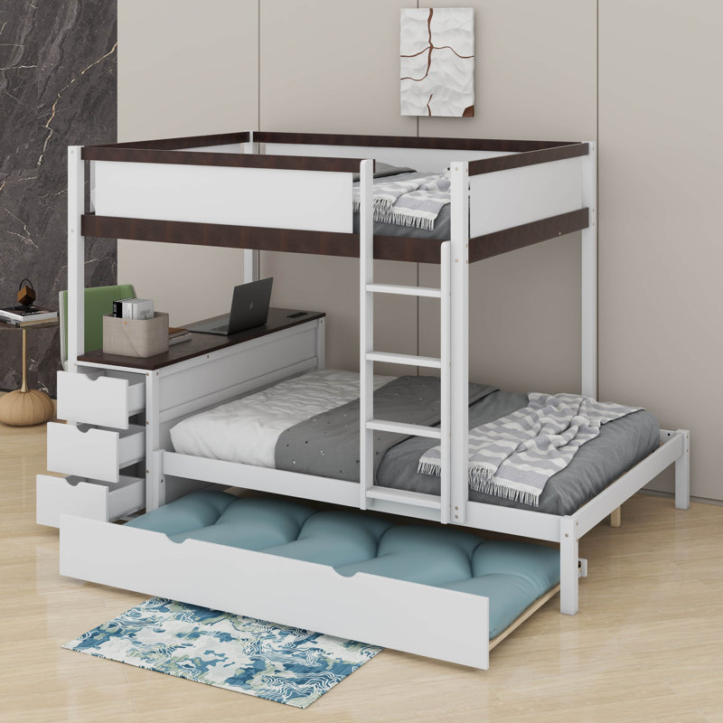Bunk Bed With Desk, Storage Drawers And Trundle, Simple sur simple, Blanc/noyer