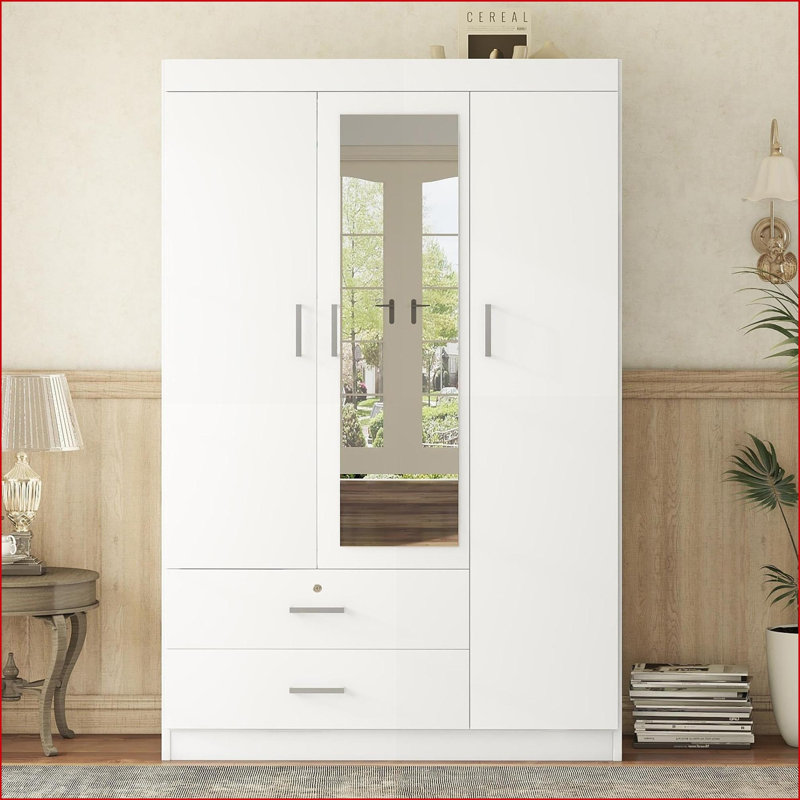 Wardrobe, 3-Door with Full-Length Mirror, MDF | White | Plywood, White