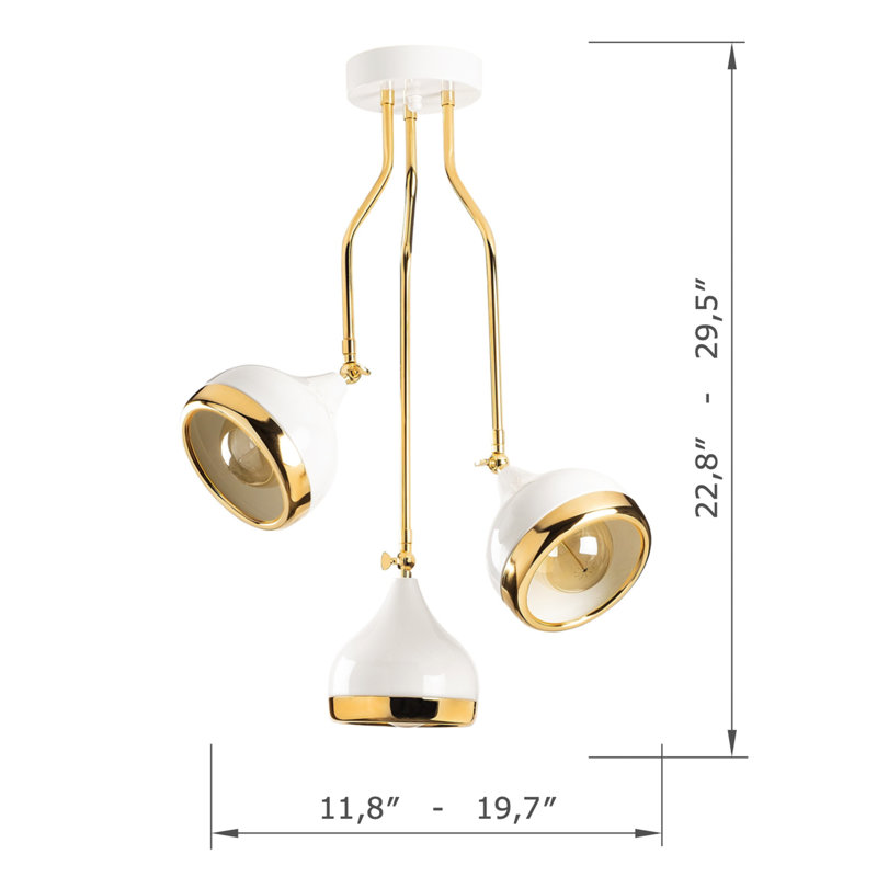 Adjustable Height & Head 3-Lights Metal Body Cluster Pendant, Gold/White