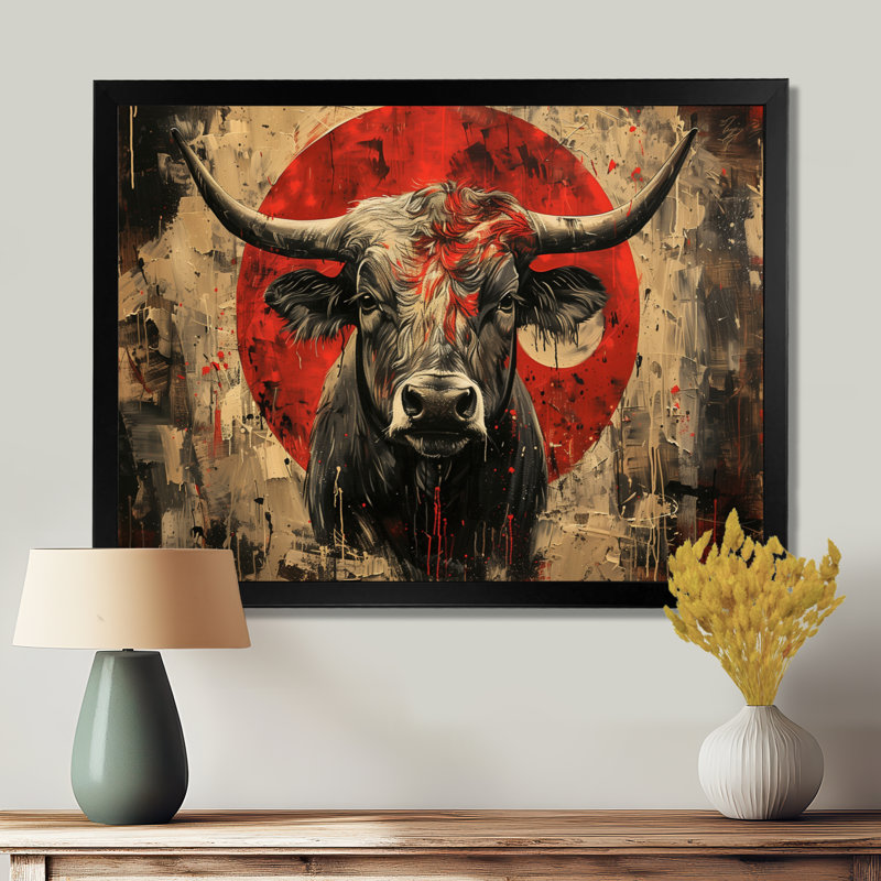 Taureau rouge, astrologie, taureaux courages - bovins, art mural, H 16 po x l 32 po, Cadre simple noir