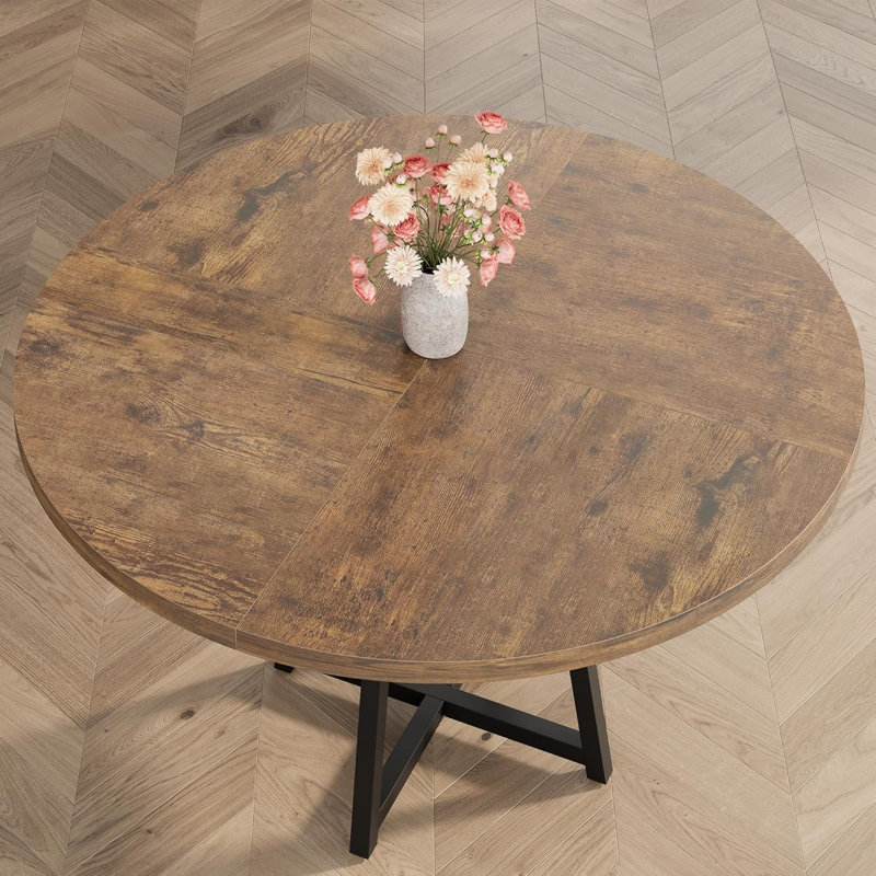 Round Dining Table for 4-6, Industrial Brown Kitchen Table with Storage Shelf, Space Saving Design, Brown