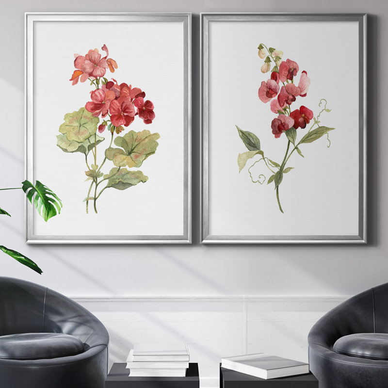 Écarlate géranium - ensemble de 2 reproductions d'art, H 22,5 po x l 61 po x P 1,5 po, Toile encadrée argentée, Pas de tapis