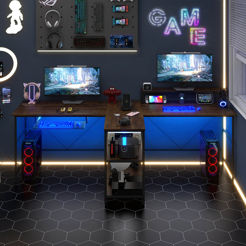 Wrought Studio 94.5" Long Office Desk 2-person Reversible Computer Desk With Led Lights, Walnut/Black