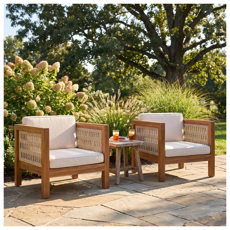 Ensemble de 2 fauteuils club d'extérieur avec structure en bois d'acacia et coussins beiges