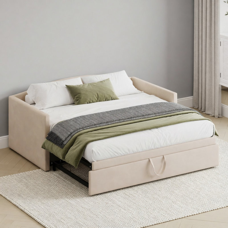 Lit de jour avec couchette extensible, lit de jour rembourré pour chambre d'amis, Beige