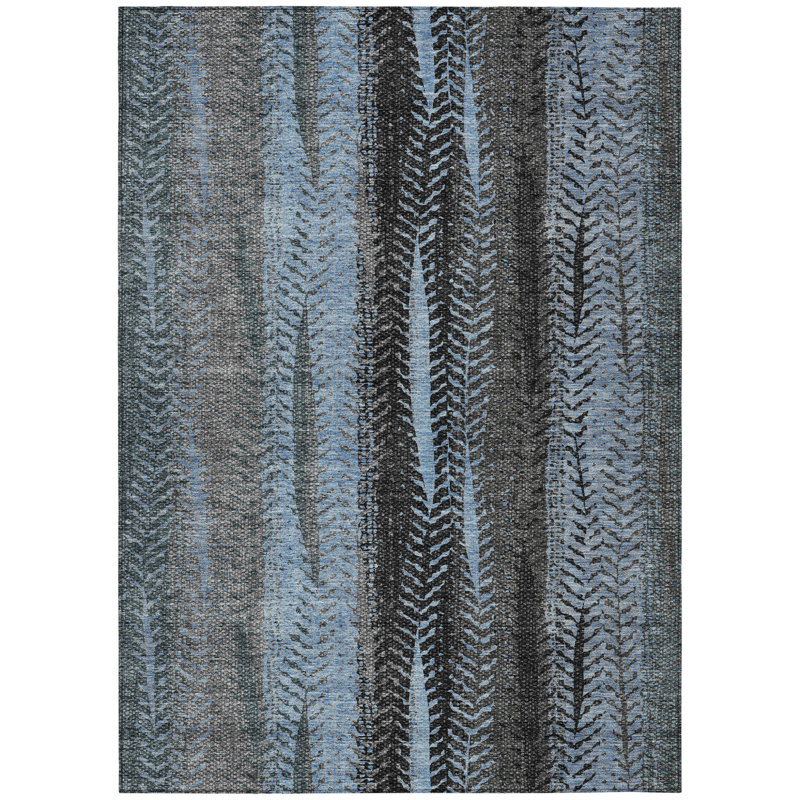 3' X 5' Blue Gray And Charcoal Botanical Leaves Washable Indoor Outdoor Area Rug