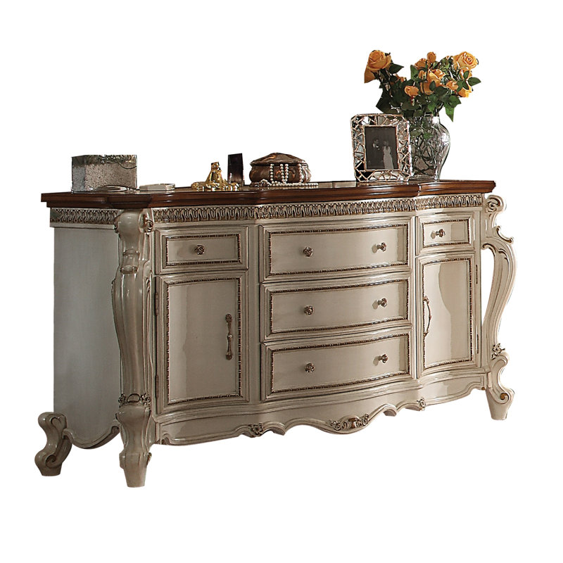 Fillare Solid Wood 64'' W 5 - Drawer Dresser, Antique Pearl/Cherry Oak