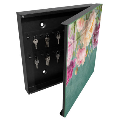 Decorative key box for wall, Opens to the right, 30x30x5, White, Flowers on a green background full of delicacy, 