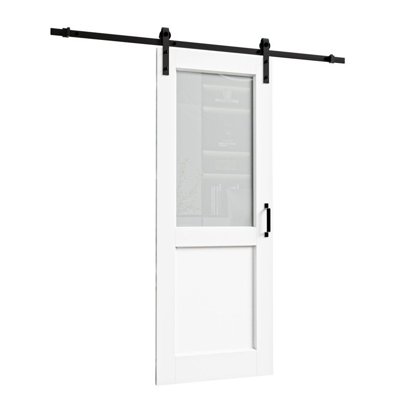 Porte de grange coulissante en bois massif à moitié givré et apprêtée en bois massif blanc avec trousse de quincaillerie d'installation (aucun assemblage requis)
