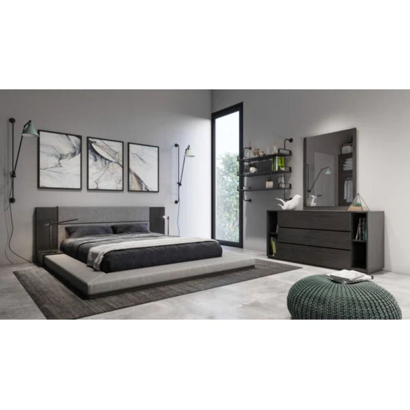 Ensemble de chambre à coucher 3 pièces avec lit plateforme tapissier Amalie, Grand, Gris