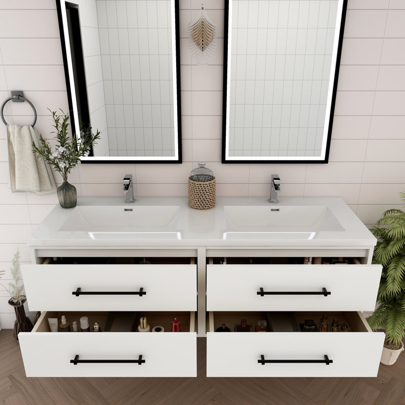 Meuble-lavabo flottant 60 po avec double évier en acrylique renforcé Victoria, Blanc lustré