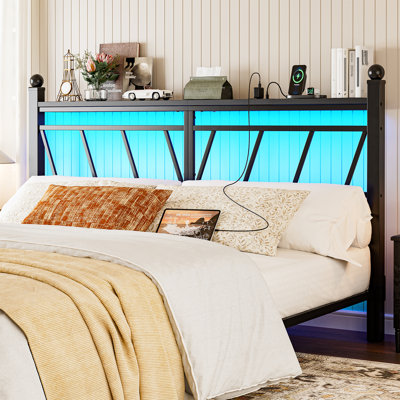  Tête de lit très grand californien avec rangement, 60 000 diy couleurs de lumières à DEL, tête de lit en métal Cal King avec station de charge, tête de lit autoportante moderne seulement, assemblage facile, noir