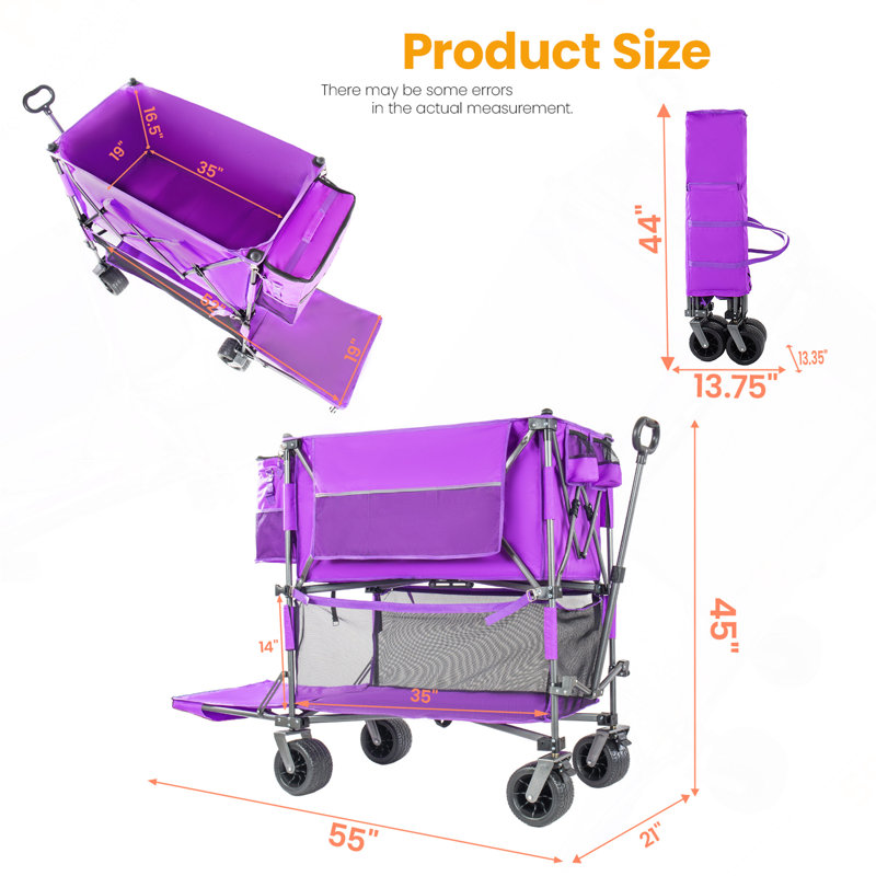 Chariot pliable robuste à deux étages de 140 cm (55 po) avec freins, chariot utilitaire à double couche de 650 L avec roues tout-terrain de 18 x 10 cm (7 x 4 po) (capacité de 254 kg [560 lb]), violet