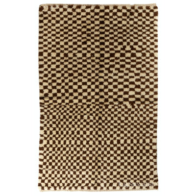 Modern Checkered Hand-Knotted "Tulu" Rug Made Of All Natural Un-Dyed Wool. Cream and Brown