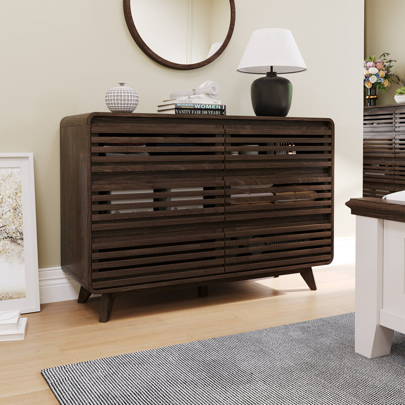 6 Drawers Dresser For Bedroom, Wide Chests Of Drawers With Grille & Curved Design, Large Wood Drawer Dresser Organizer For Bedroom